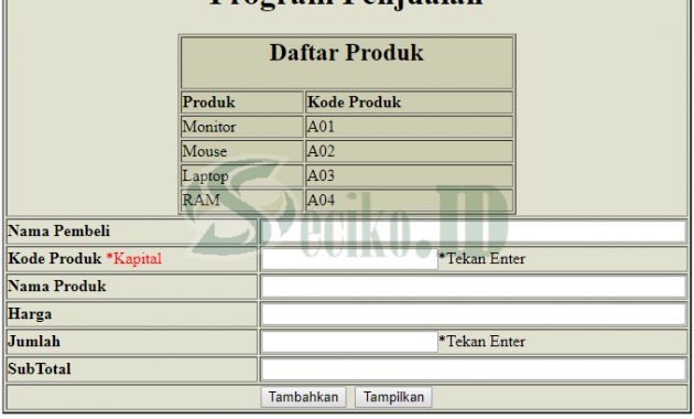 Source Code HTML / JavaScript Program Penjualan meggunakan Array