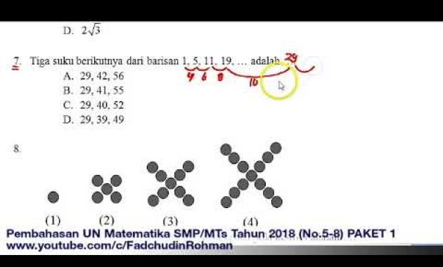Pembahasan Soal UN UNBK Matematika SMP Tahun 2018 Paket 1 (No.5-8)